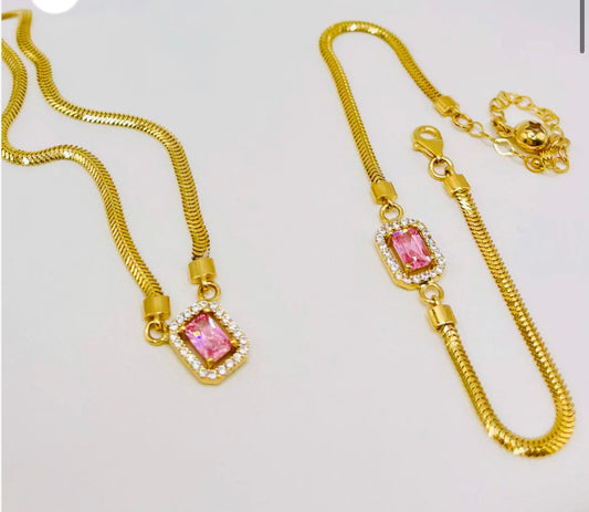 Pink Stone Snake Style Necklace Set